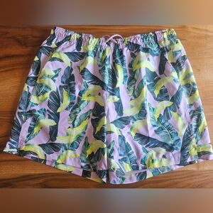 Tropical Banana Print Swim Shorts - Pink & Yellow Large 6" Inseam
